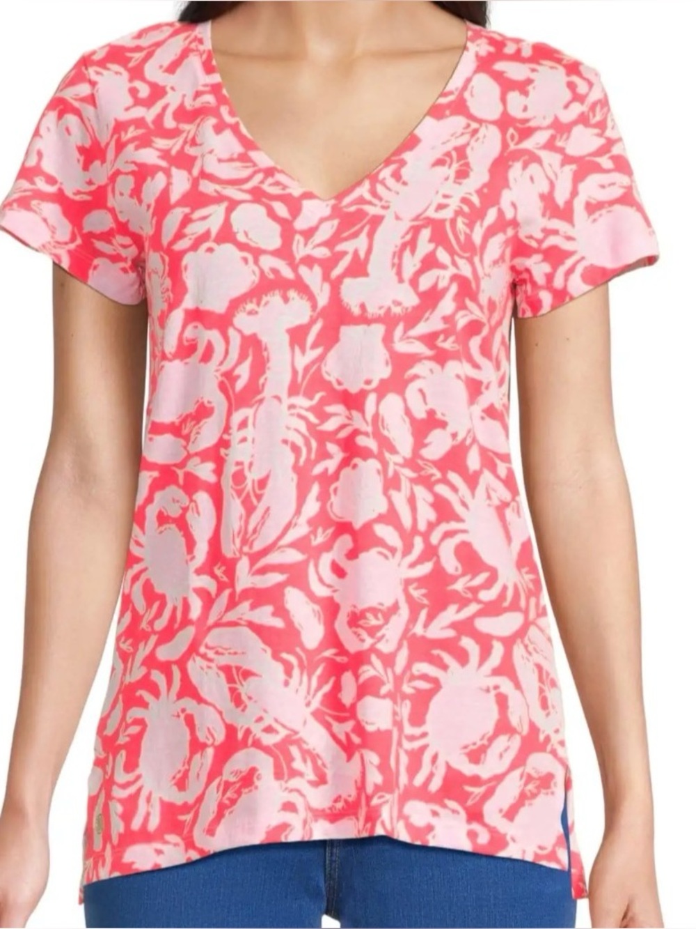 NWT Lilly Pulitzer Meredith Cotton V-Neck Shirt L Crab & Lobster
